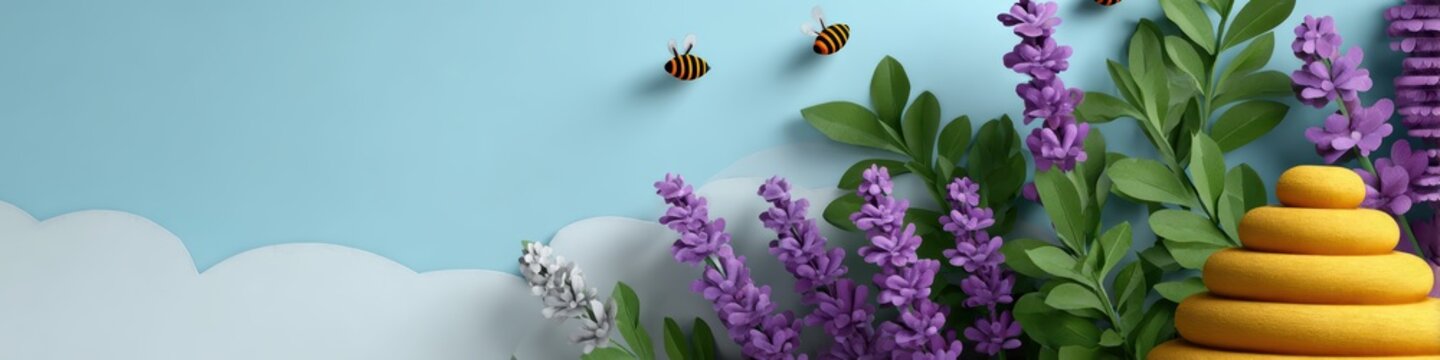 d paper cutouts, skilled designer crafts d paper cutout web banner for world bee day, featuring beehive, flowers, honeybees, and clear sky for text
