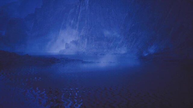 Midnight tide under electric storm glow, soft reflections on rippled sand, deep indigo palette, cinematic grain, ambient solitude, blurred horizon