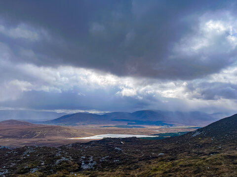 Croagh Patrick view inland to Partry Mountains and Lough Mask, Mayo Ireland