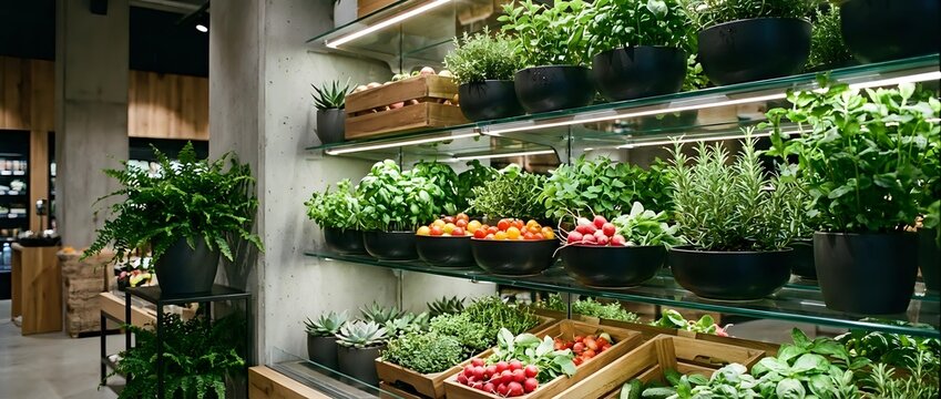 Modern grocery store produce section with fresh organic vegetables and herbs displayed on wooden shelves and metal fixtures in contemporary retail space.