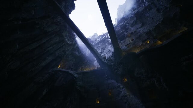 Suspended bridges cross deep gorge, narrow planks span yawning chasm under cloudy sky, torchlit ledges dot cliff walls, sense of vertigo and expedition crossing