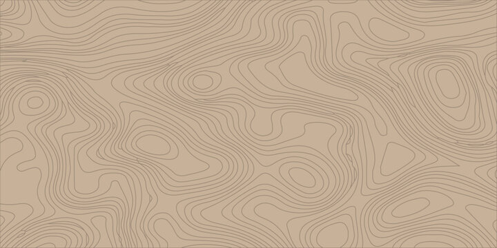 Topographic map background with brown contour lines, abstract geographic relief pattern design. Vintage brown wood grain texture featuring a seamless nature pattern with light wavy lines