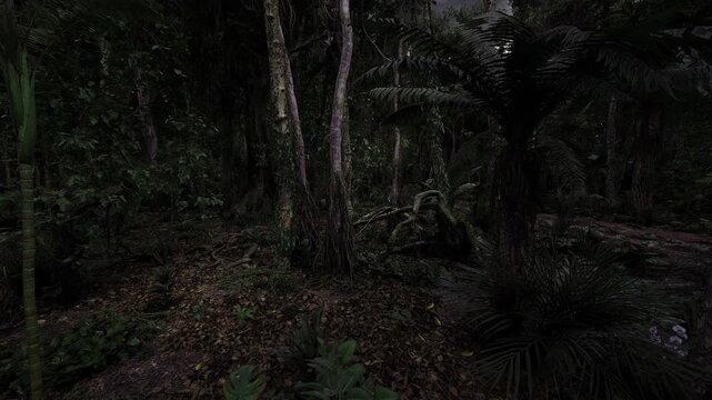 Pitch dark forest slope covered leaves and low vegetation, deep shadows, cool damp air, hidden hollows and textured ground offering mysterious mood.