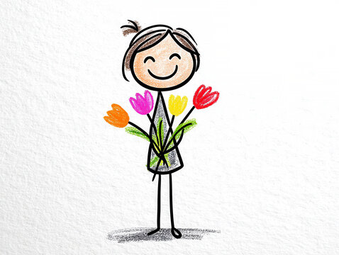 A cartoon stick figure girl in profile, wearing a dress and holding colorful tulips against a textured paper backdrop Simple drawing style with bright crayon colors, bold outlines, exa - AI-Generated