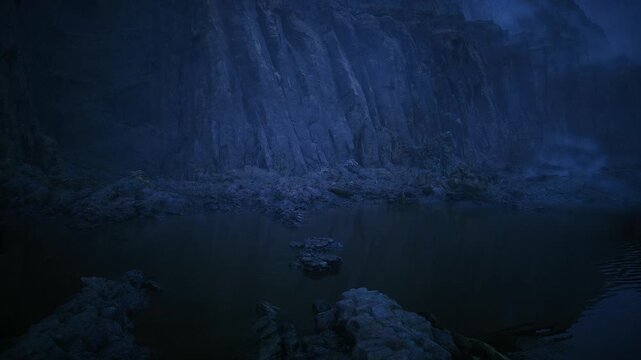 foggy lagoon glassy water around rocks with soft nocturnal glow, subtle reflections and grainy mood, ideal setting for quiet storytelling, nocturne travel