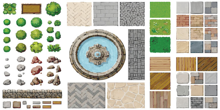 Top down game assets collection with tiles rocks trees and fountain elements