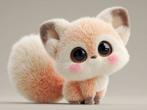 Close-up of a modern designer toy fox cub, with large expressive eyes, soft fur in shades of brown and tan, cheerful expression, standing on all four legs Background is plain, lighting - AI-Generated