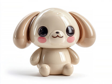 Ceramic figurine of a cartoonish puppy dog in warm beige tones, stylized with large eyes, floppy ears, pink blush, dark circles under eyes, and a small black nose The figure stands upr - AI-Generated