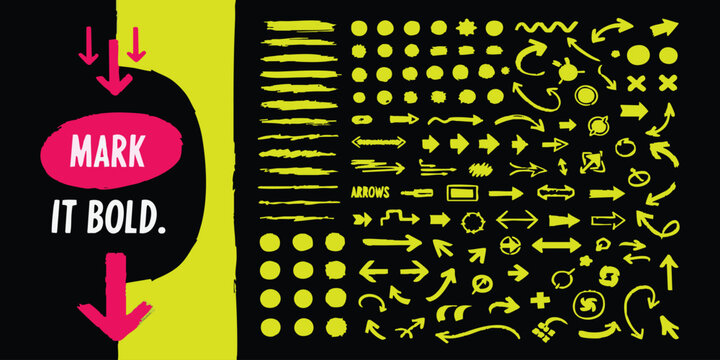 Neon yellow hand drawn arrow collection and graphic elements vector illustration set