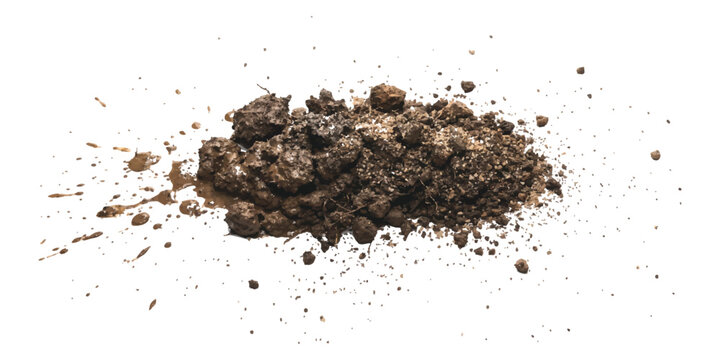 Pile of black soil and dark dirt particles isolated on white background