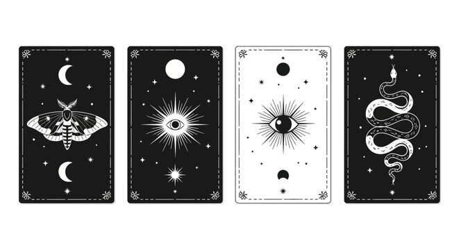 Mystical tarot cards featuring moth, eye, moon, and snake symbols in black and white