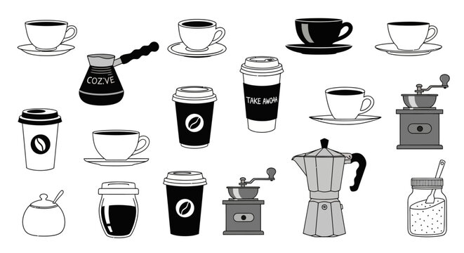 Diverse coffee elements for cafes and coffee lovers in contemporary style