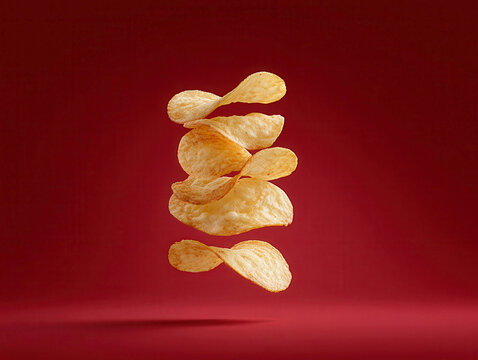 Stacked potato chips in a spiral formation against a red gradient background, photographed with clean composition and minimalist style The lighting accentuates the 3D appearance of eac - AI-Generated