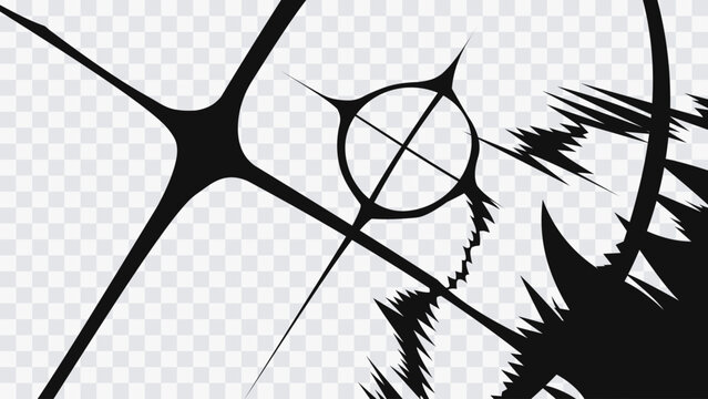 Abstract black burst with sharp intersecting lines and a circular core. Dynamic explosion effect with strong motion and energy.