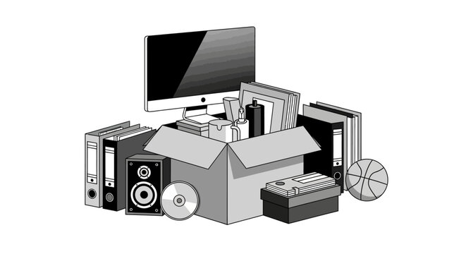 Home office organization with boxed items and electronics