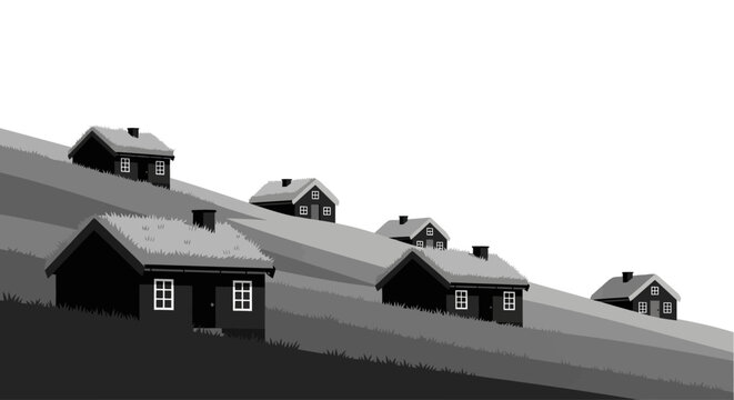 Monochrome rural landscape with houses on hillside