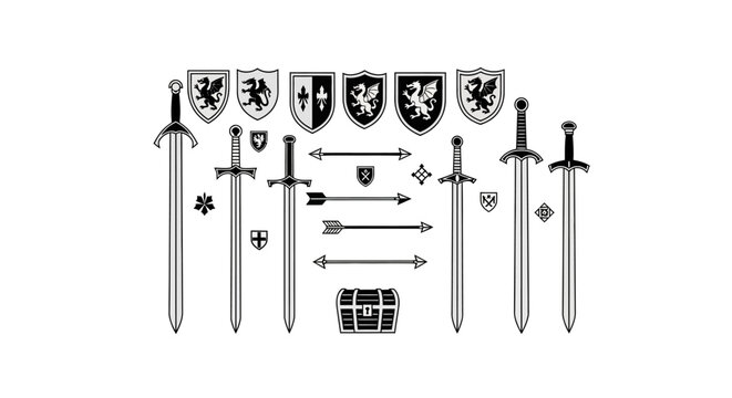 Medieval weaponry and heraldic icons in monochrome design
