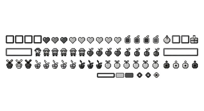 Retro pixel art icons: characters, fruits, and geometric shapes in classic style