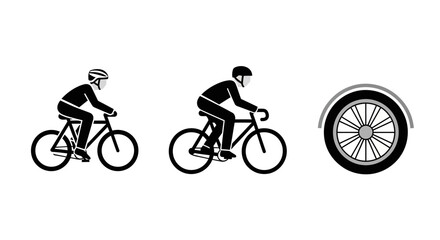 Fototapeta premium Cyclist silhouettes and bicycle wheel icons for sport and fitness design