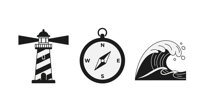 Nautical elements: lighthouse, compass, and ocean wave in black and white