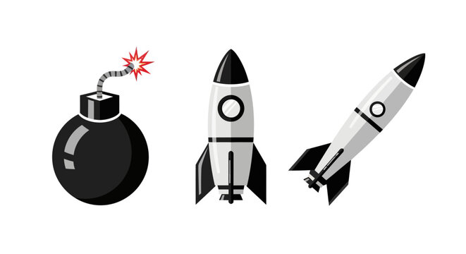 Cartoon bomb and rocket set: explosive and space exploration icons