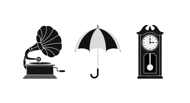 Retro design: gramophone, umbrella, and pendulum clock silhouettes