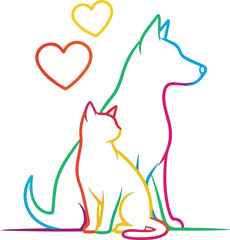 Fototapeta premium Cute cartoon illustration of a cat and dog with a heart and a mouse featuring a vector pet design with animal silhouettes of a cat squirrel, and wolf in a nature art style