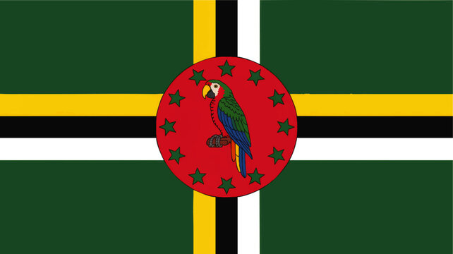 Flag of Dominica with Sisserou parrot and ten green stars, Caribbean national symbol in bold vector style illustration
