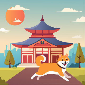 Illustration d&rsquo;un Shiba Inu devant un temple japonais au soleil levant