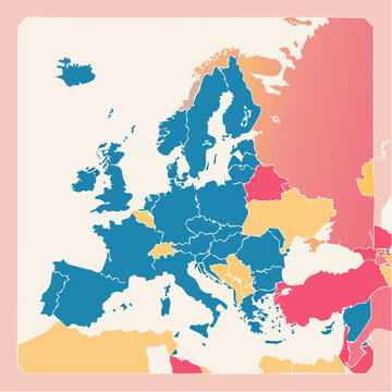 Carte de l&rsquo;Europe color&eacute;e par r&eacute;gions avec fronti&egrave;res d&eacute;taill&eacute;es