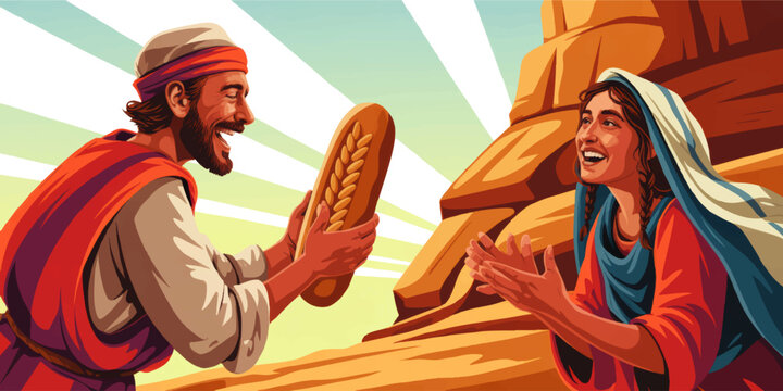 Joyful biblical harvest scene with smiling man offering bread to woman beside golden grain stacks in warm vintage style