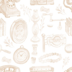 Detailed collection of hand drawn watercolor illustrations of vintage items. Set includes retro rotary phone, desk lamp, old suitcase, sewing threads, loupe, elegant picture frame, jewelry beads and b © Paint_art