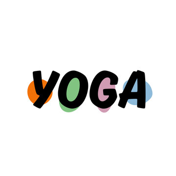 Playful Hand-Drawn Yoga Typography Logo with Colorful Abstract Shapes on Transparent Background