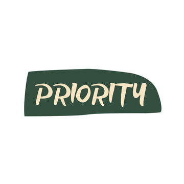Priority lettering on dark green organic shape sticker