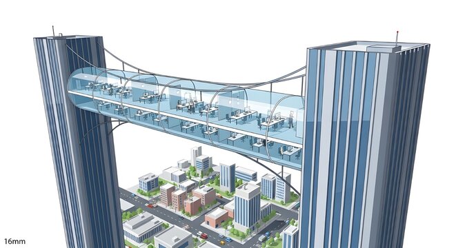Futuristic Skybridge Connects Modern Skyscrapers Over Urban Cityscape, Architectural Innovation