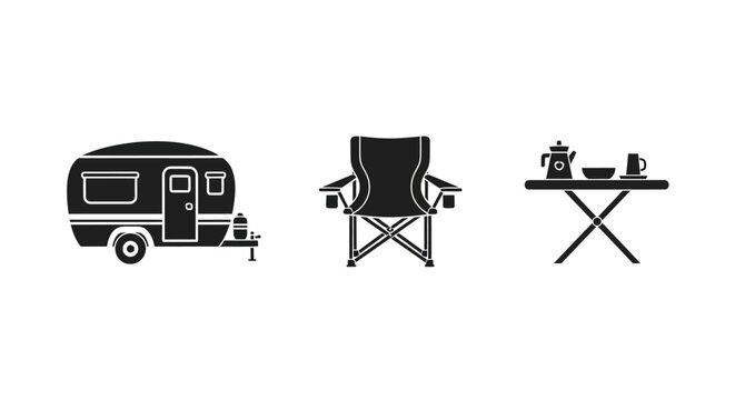 Minimalist camping icons: trailer, chair, and table set