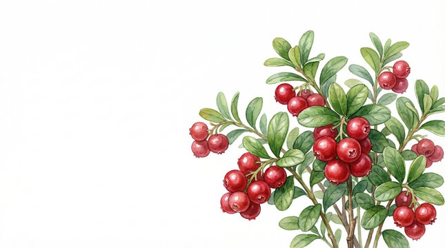 Lingonberry bush with ripe red berries and green leaves, botanical illustration, copy space
