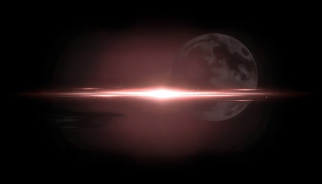 A bright light shines in front of a large moon in a dark space with a stunning celestial background and a beam of light in the distance.