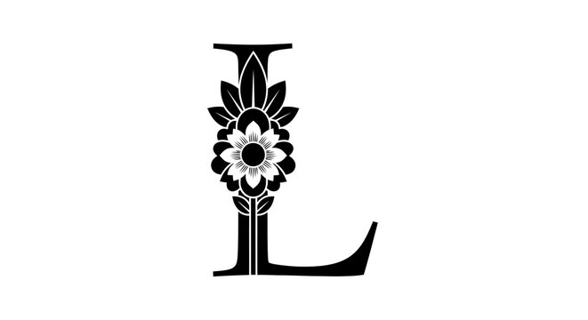 Elegant floral monogram l with flower design in black and white art