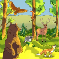 Woodland Animals in a Sunny Forest Illustration   © Olha Shermolovich 