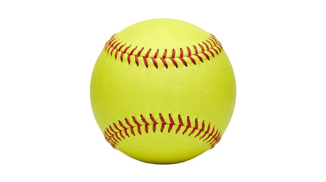 Isolated bright yellow softball with classic red stitching, perfect for a competitive sports game 

