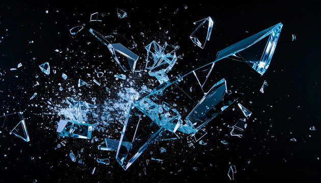 Dynamic glass fragments flying in all directions with sparkling particles on dark background expressing violent breakage