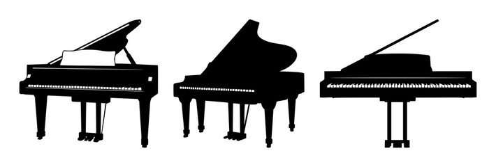 Piano set with black silhouette against a clean white background featuring key, music, instrument with minimalism and elegance © MdRonok