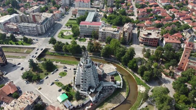High angle aerial panorama of house rooftops in Paracin, central Serbia, sunny day