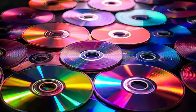colorful reflective cds stacked closely together showcasing a vibrant spectrum of light ideal for technology and music related designs