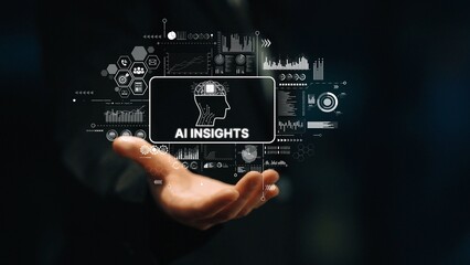 Obraz premium Futuristic Concept Image of AI Insights with Data Visualization Graphics and Human Hand Offering Technology Representation. Asymptotic smart data analytic.