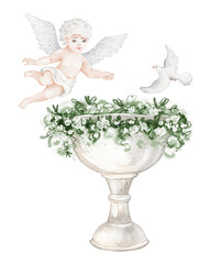 Fototapeta premium Baptism watercolor hand painted illustration with religious sacrament. Christian ceremony with dove, angel, baptismal font, holy water container. Invitation card for christening, celebration, easter.