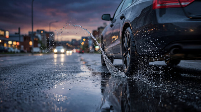 Car Tire Tread Throwing Arc of Rainwater at Dusk Puddle