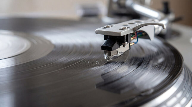 Phono Cartridge Needle Settling into Vinyl Record Groove with Dust