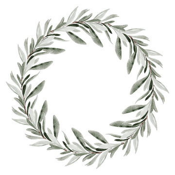 Laurel wreath frame watercolor hand painted. Circular botanical emblem with olive branches and leaves symbolizing victory and award. Ideal for certificates, invitations, and celebration design.